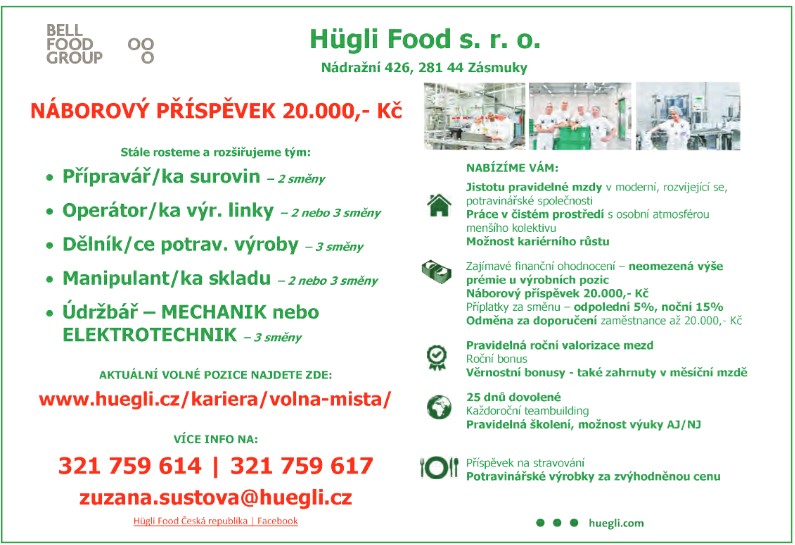 Volná místa: Zásmuky Hügli Food